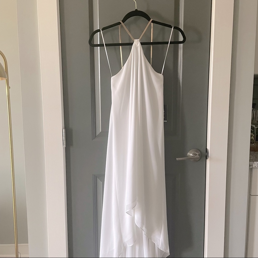 White Halter Asymmetrical Midi Dress